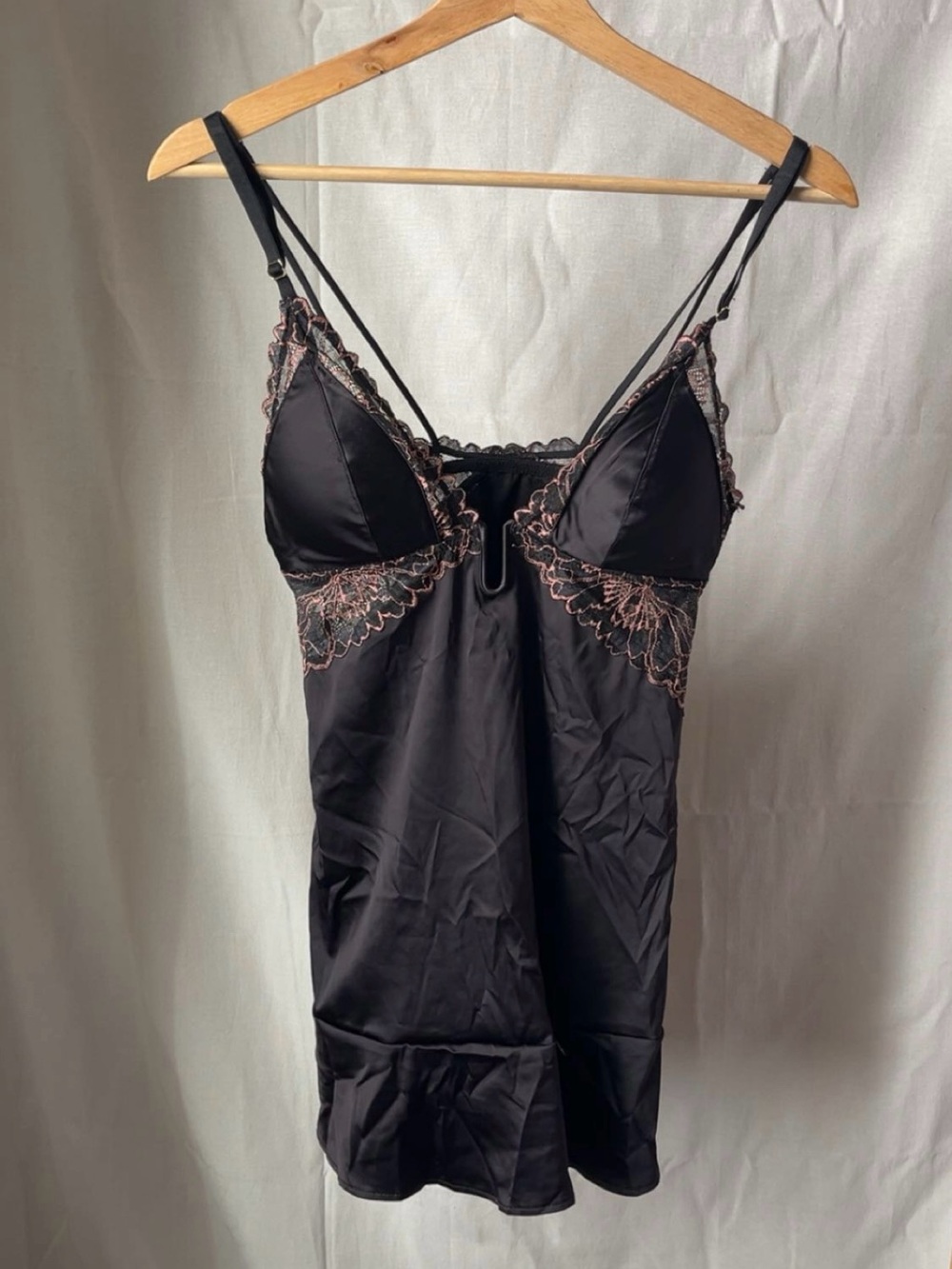 Auden Black Satin Chemise with Pink Lace Trim